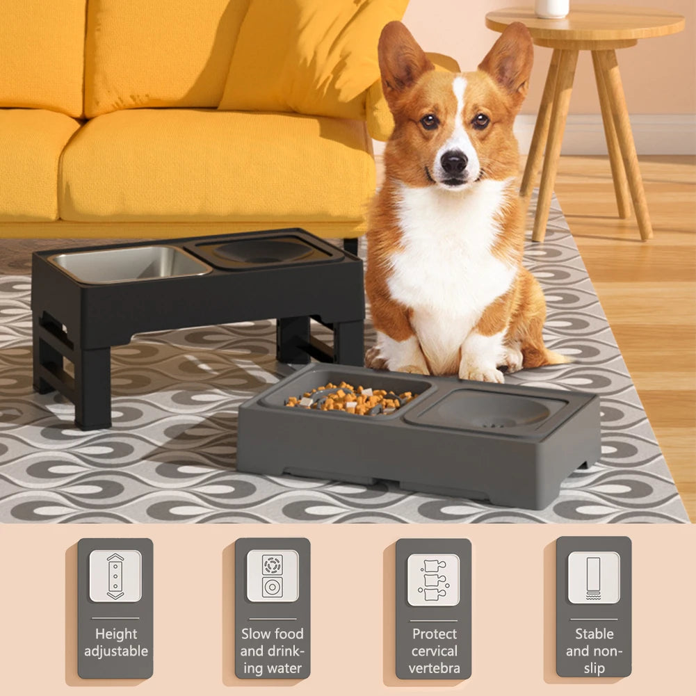 Elevated Dog Food Slow Feeder with Adjustable Heights Raised Dog Bowl Stand and Stainless Steel Bowls