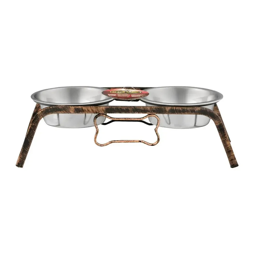 Rustic Bone Double Diners Dogs Stainless Steel Bowls Raised Stand No Skid Feet Bacteria Resistant Dishwasher Safe Lifetime Guarantee