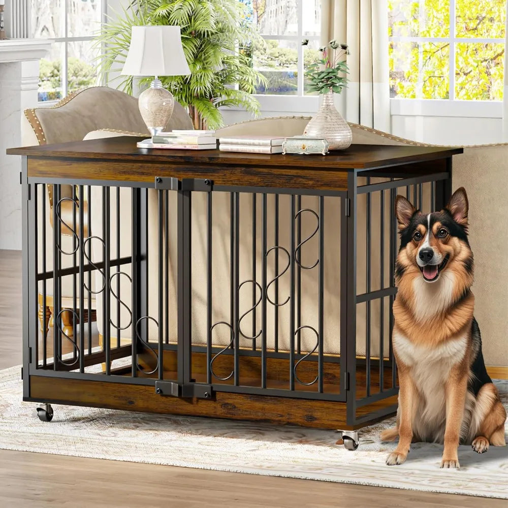 Dog Crate Furniture 48 Inch Heavy Duty Indoor Kennel for Medium Large Breeds Farmhouse Style Engineered Wood and Metal Design