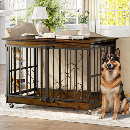 Dog Crate Furniture 48 Inch Heavy Duty Indoor Kennel for Medium Large Breeds Farmhouse Style Engineered Wood and Metal Design