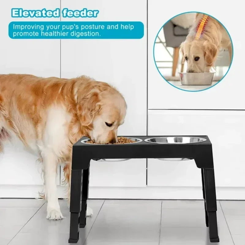 Height Adjustable Raised Dog Bowl Racks with Stainless Steel Food Bowls for Large Dogs and Cats Black