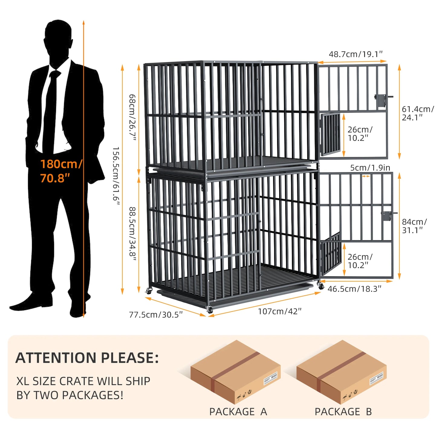 Heavy Duty Metal Dog Kennel Crate Cage with Removable Tray and Steel Lock Latch for All Breeds Double Layer
