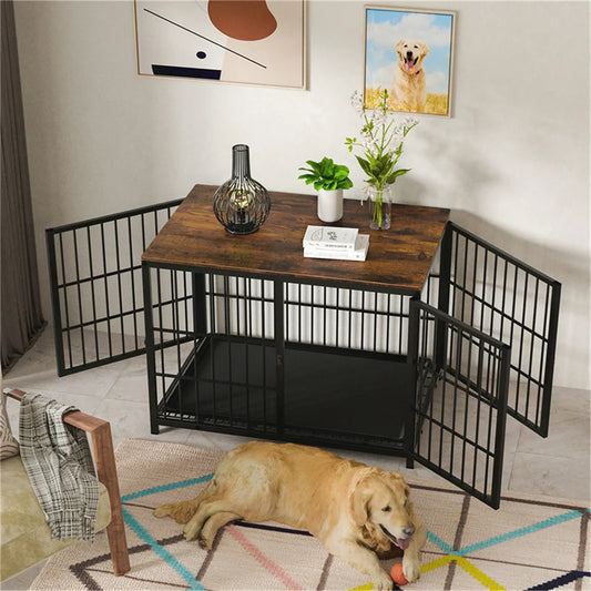 Large Wooden Dog Crate Indoor Furniture Style Elevated Pet Cage Kennel End Table Playpen with Three Doors Removable Tray
