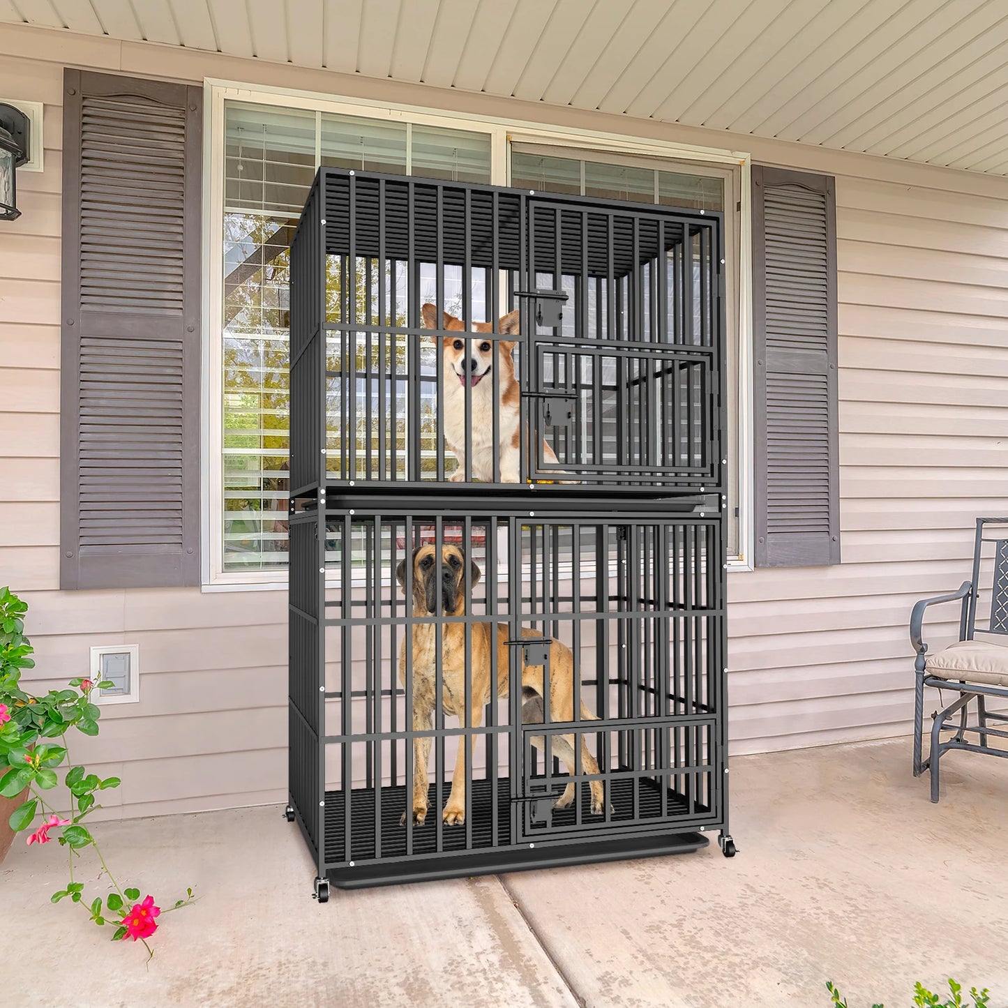 Heavy Duty Metal Dog Kennel Crate Cage with Removable Tray and Steel Lock Latch for All Breeds Double Layer