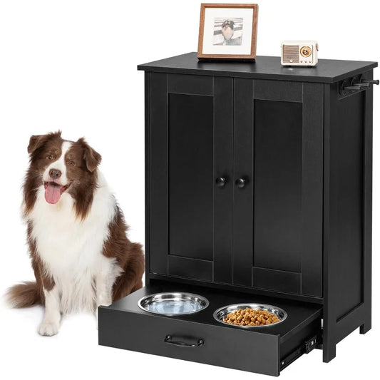 Dog Feeding Station with Storage Cabinet and Two Elevated Bowls Hidden Pet Feeder Station Wood Dog and Cat Storage