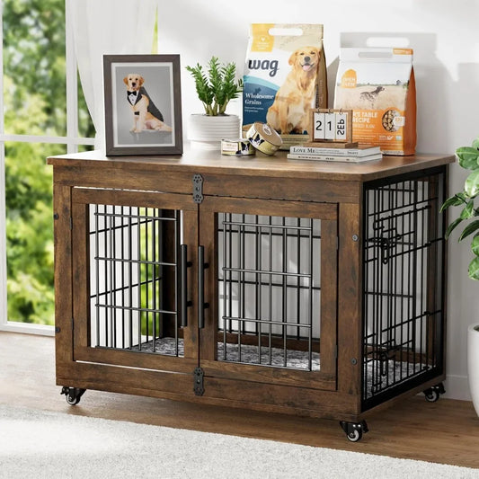 Dog Crate Furniture with Cushion Wooden Kennel Indoor for Small to Medium Dogs