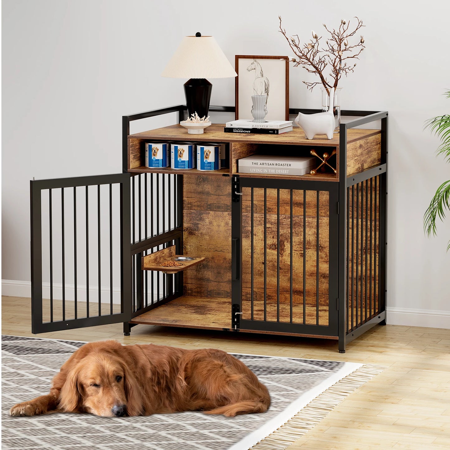 41 Inch Wooden Dog Crate Furniture with Storage Drawers and Adjustable Raised Feeder Indoor Pet House for Large and Medium Dogs