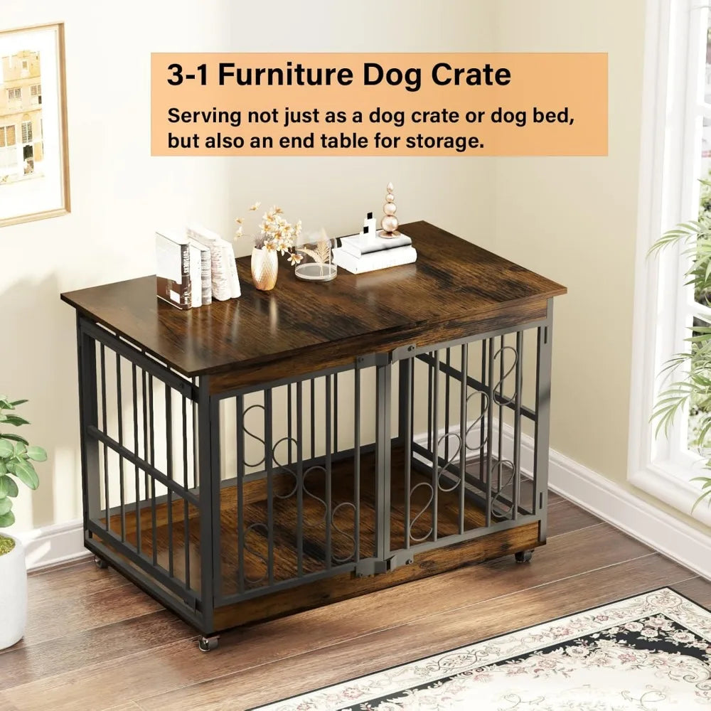 Dog Crate Furniture 48 Inch Heavy Duty Indoor Kennel for Medium Large Breeds Farmhouse Style Engineered Wood and Metal Design
