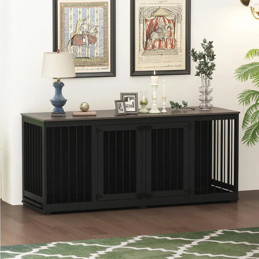 Large Furniture Style Dog Crate for Two Dogs 70 Inch Wooden Dog Kennel with Removable Divider and Two Trays Indoor Heavy Duty Design