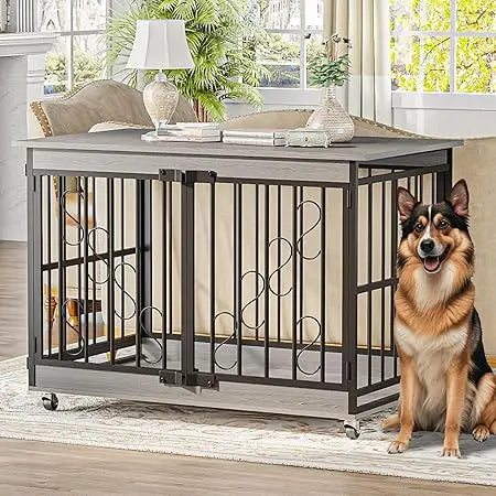 Dog Crate Furniture 48 Inch Heavy Duty Indoor Kennel for Medium Large Breeds Farmhouse Style Engineered Wood and Metal Design