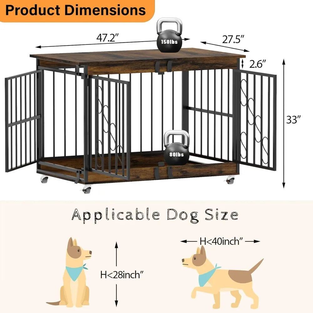 Dog Crate Furniture 48 Inch Heavy Duty Indoor Kennel for Medium Large Breeds Farmhouse Style Engineered Wood and Metal Design