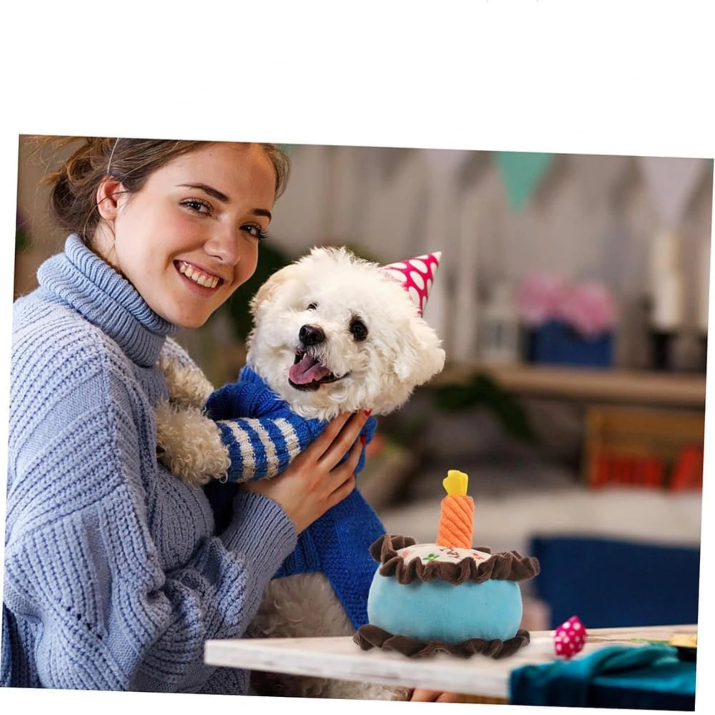 Soft and Adorable Medium and Large Plush Dog Toy Blue Birthday Cake