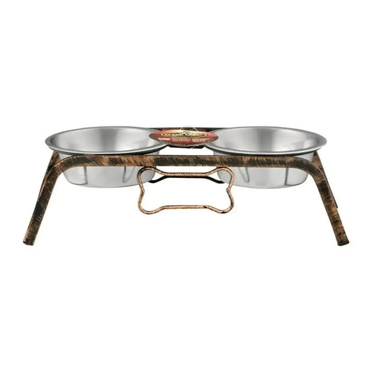 Rustic Bone Double Diners Dogs Stainless Steel Bowls Raised Stand No Skid Feet Bacteria Resistant Dishwasher Safe Lifetime Guarantee