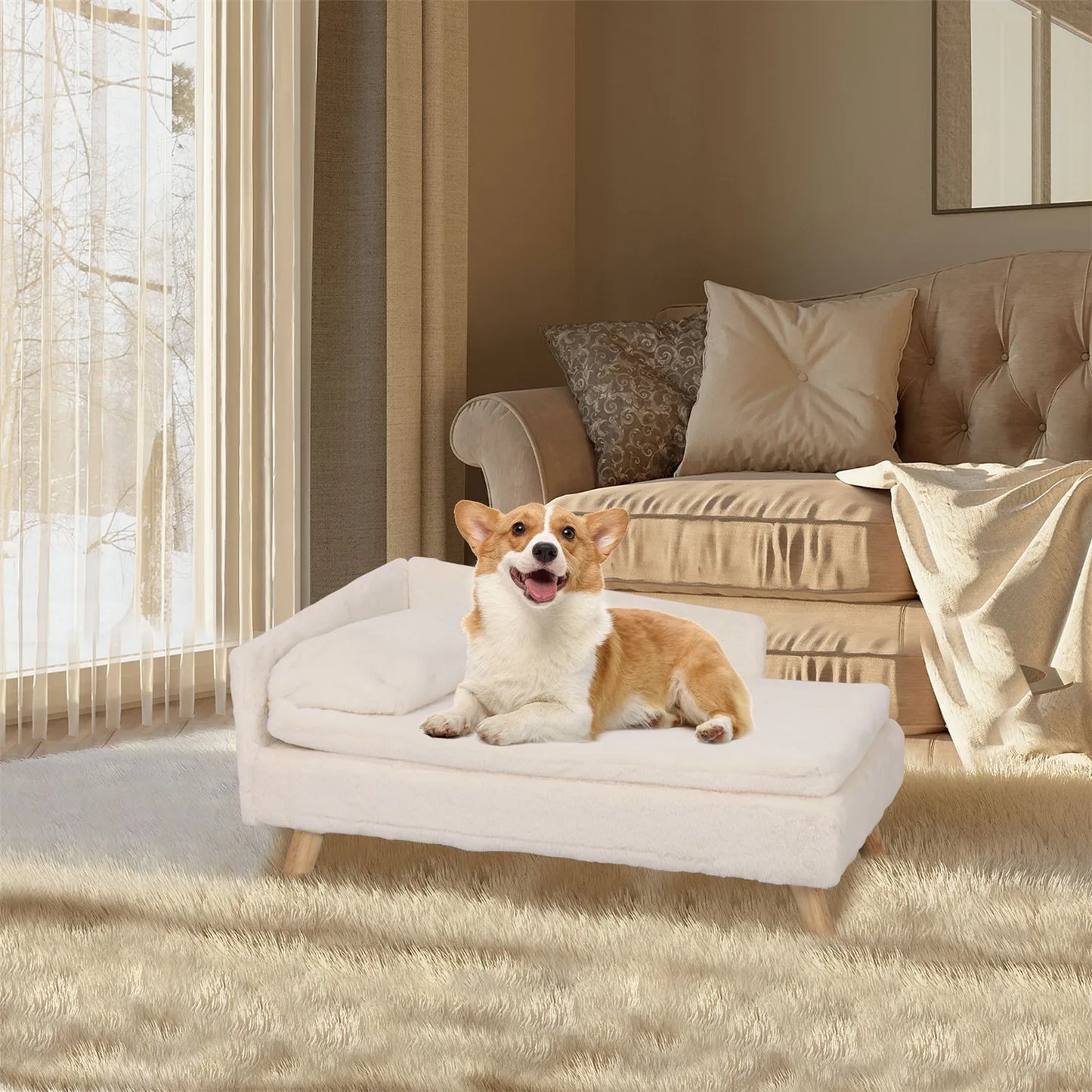 Elevated Nordic Pet Bed with Cozy Waterproof Pad Sturdy Wood Leg Sofa Bed for Small Dogs and Kittens