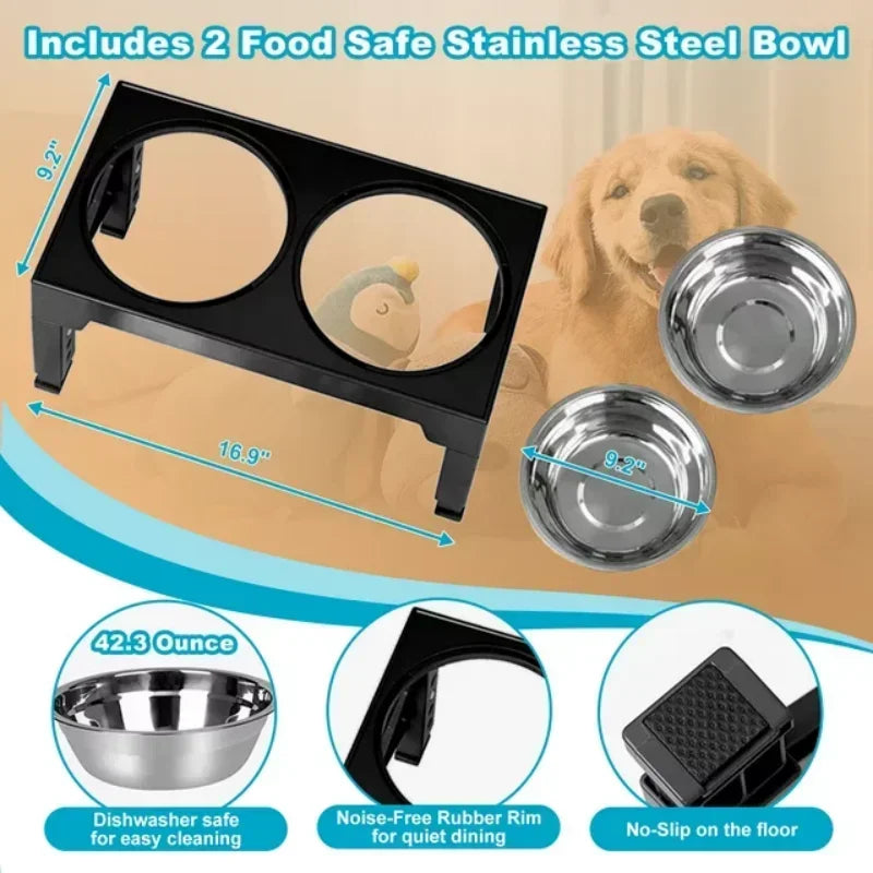Height Adjustable Raised Dog Bowl Racks with Stainless Steel Food Bowls for Large Dogs and Cats Black
