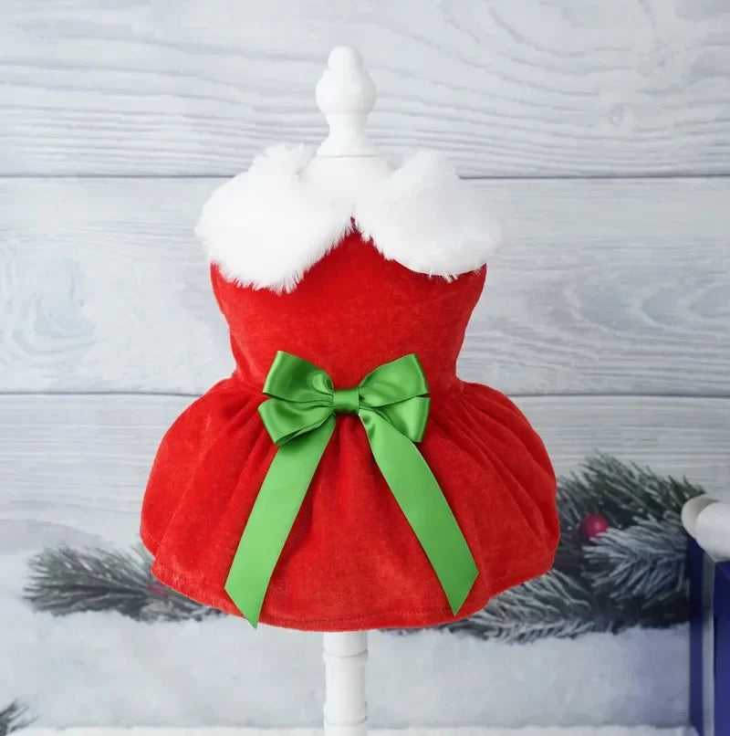 Christmas Coat Dog Dress Red Skirt Warm Bow Skirt Pet Clothes Comfortable Dog Costume