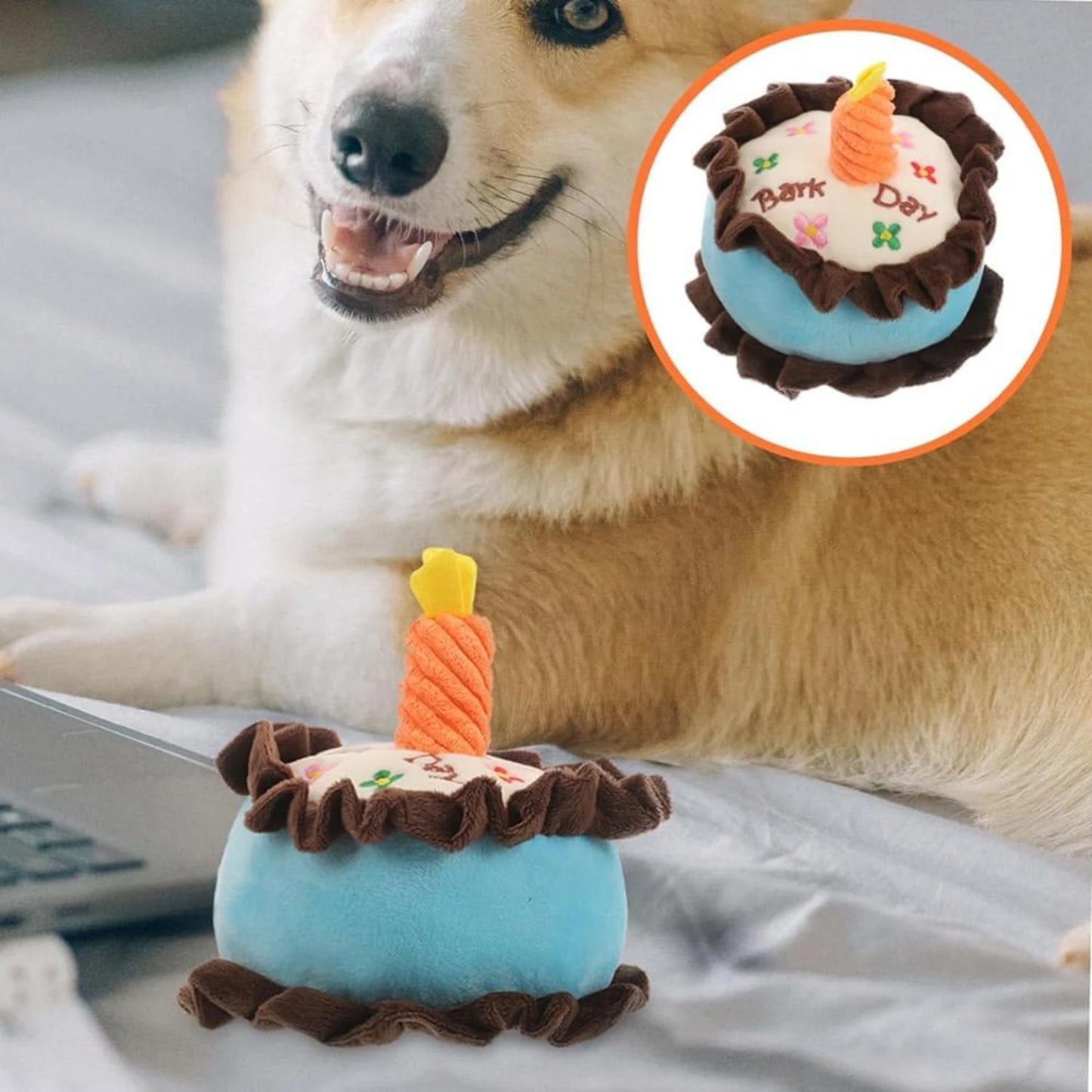Soft and Adorable Medium and Large Plush Dog Toy Blue Birthday Cake
