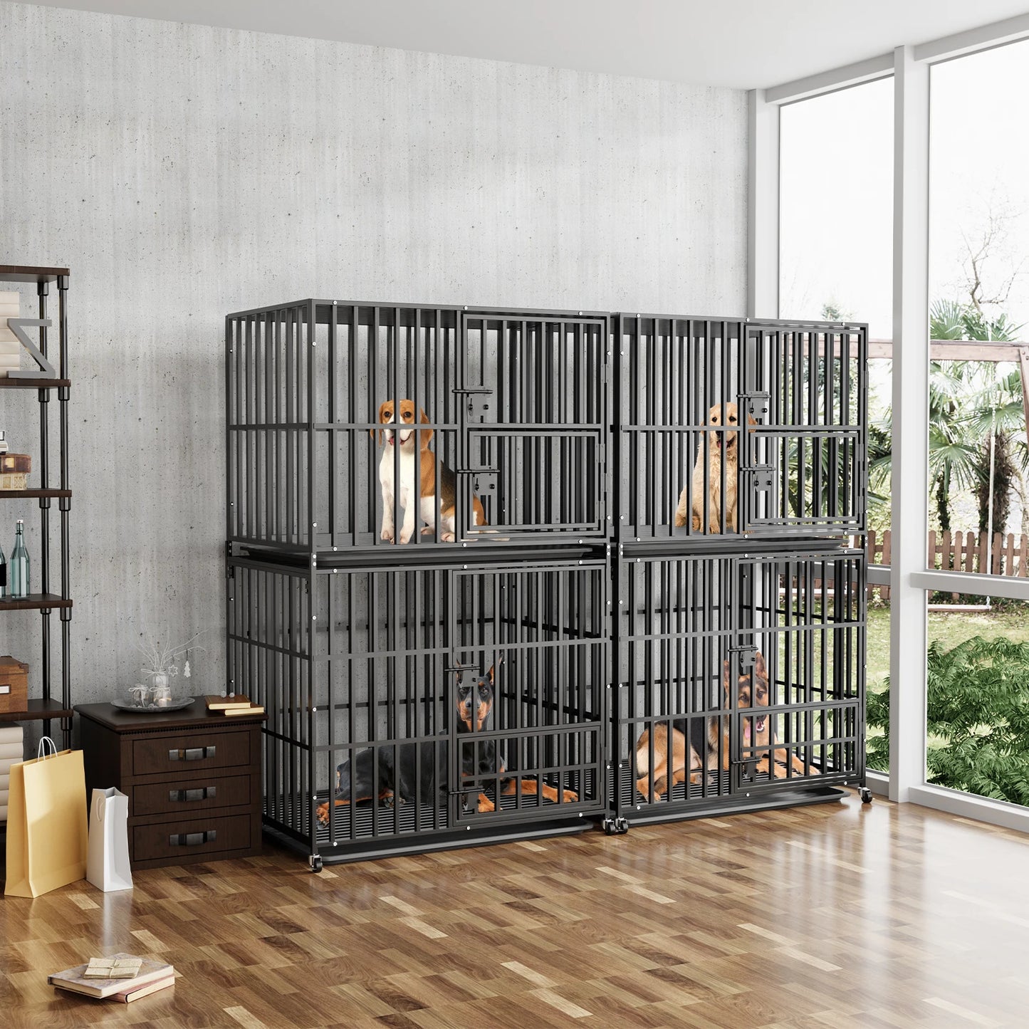 Heavy Duty Metal Dog Kennel Crate Cage with Removable Tray and Steel Lock Latch for All Breeds Double Layer