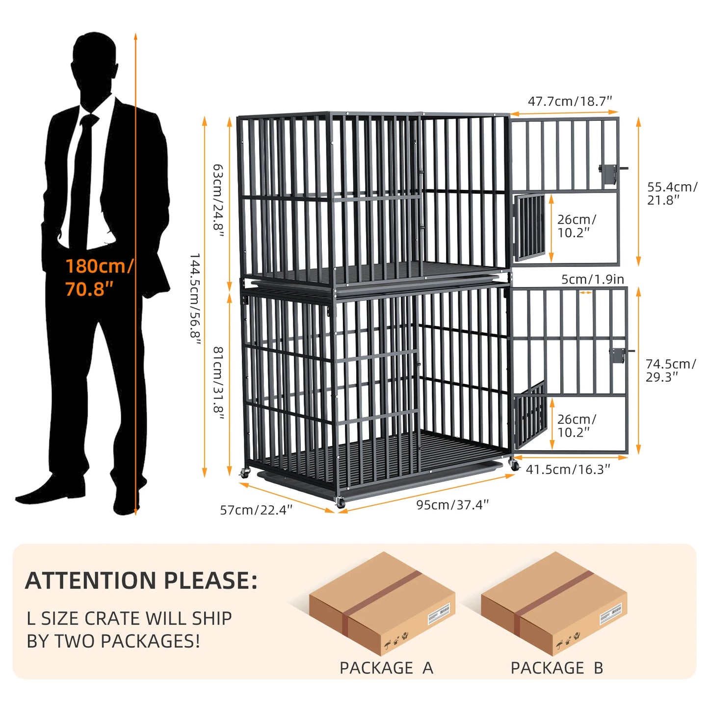 Heavy Duty Metal Dog Kennel Crate Cage with Removable Tray and Steel Lock Latch for All Breeds Double Layer